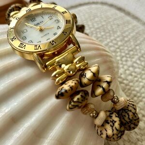 LA Express Naturals Gold ,Tan and Black Kukui Nuts, seeds Beaded Women's Watch